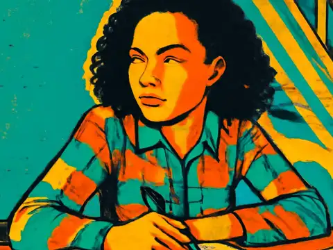 A woman sitting at a table holding a pen and looking away in thought, rendered as a flat orange, yellow and teal illustration.