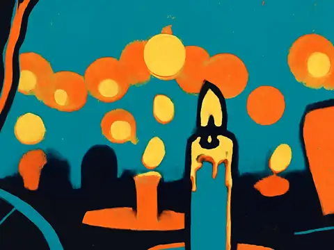 Lit candles arranged in rows outdoors at night with a person standing at the edge of the frame, rendered as a flat orange and teal illustration.