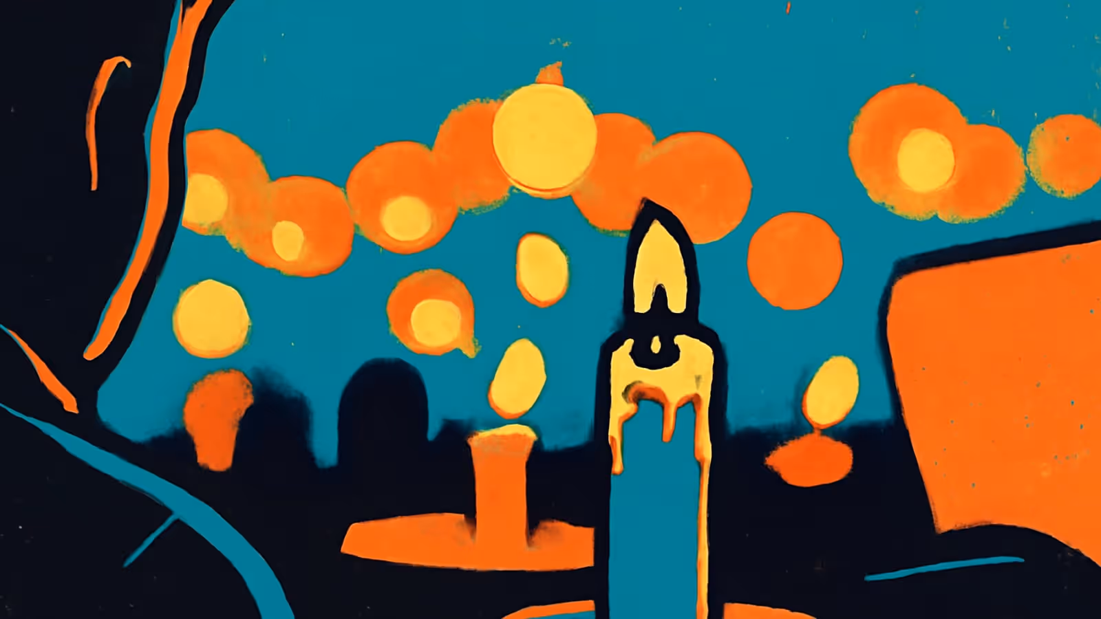 Lit candles arranged in rows outdoors at night with a person standing at the edge of the frame, rendered as a flat orange and teal illustration.