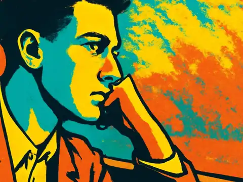 A man resting his chin on his hand and looking out of a window, rendered as a flat orange, yellow and teal illustration.