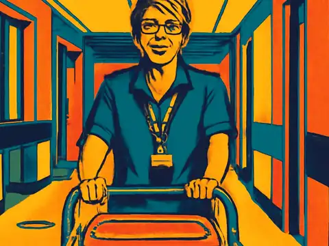 Pop-art illustration of a person in a work uniform and lanyard pushing a trolley towards the viewer along a hospital corridor.
