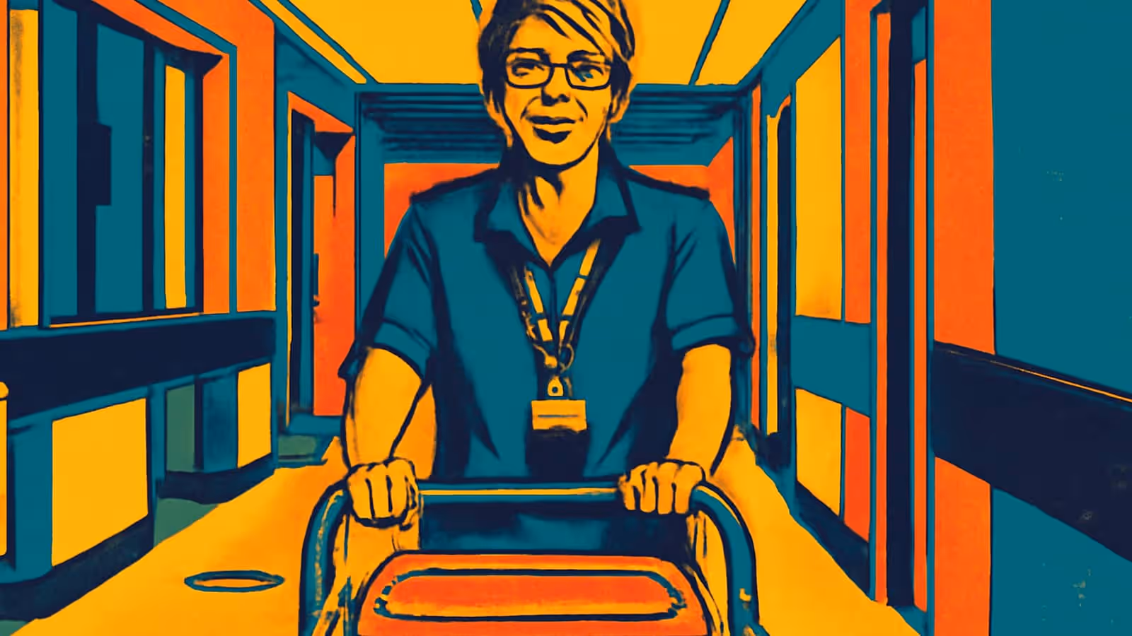 Pop-art illustration of a person in a work uniform and lanyard pushing a trolley towards the viewer along a hospital corridor.