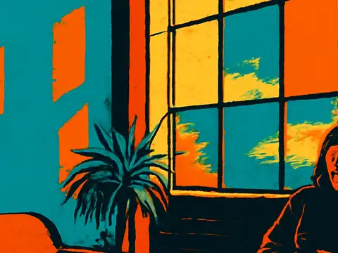Pop-art illustration of a living room with a tall window and a plant, a person sitting at the right edge of the frame partly out of view.