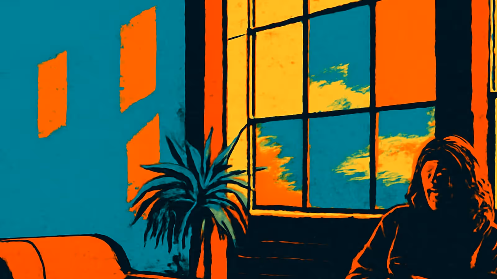 Pop-art illustration of a living room with a tall window and a plant, a person sitting at the right edge of the frame partly out of view.