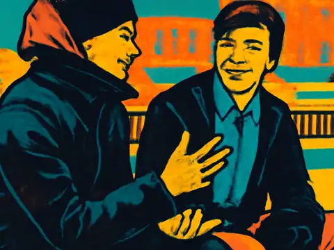 Pop-art illustration of two people sitting together outdoors on a bench, one turned towards the other mid-conversation, with railings and buildings behind.