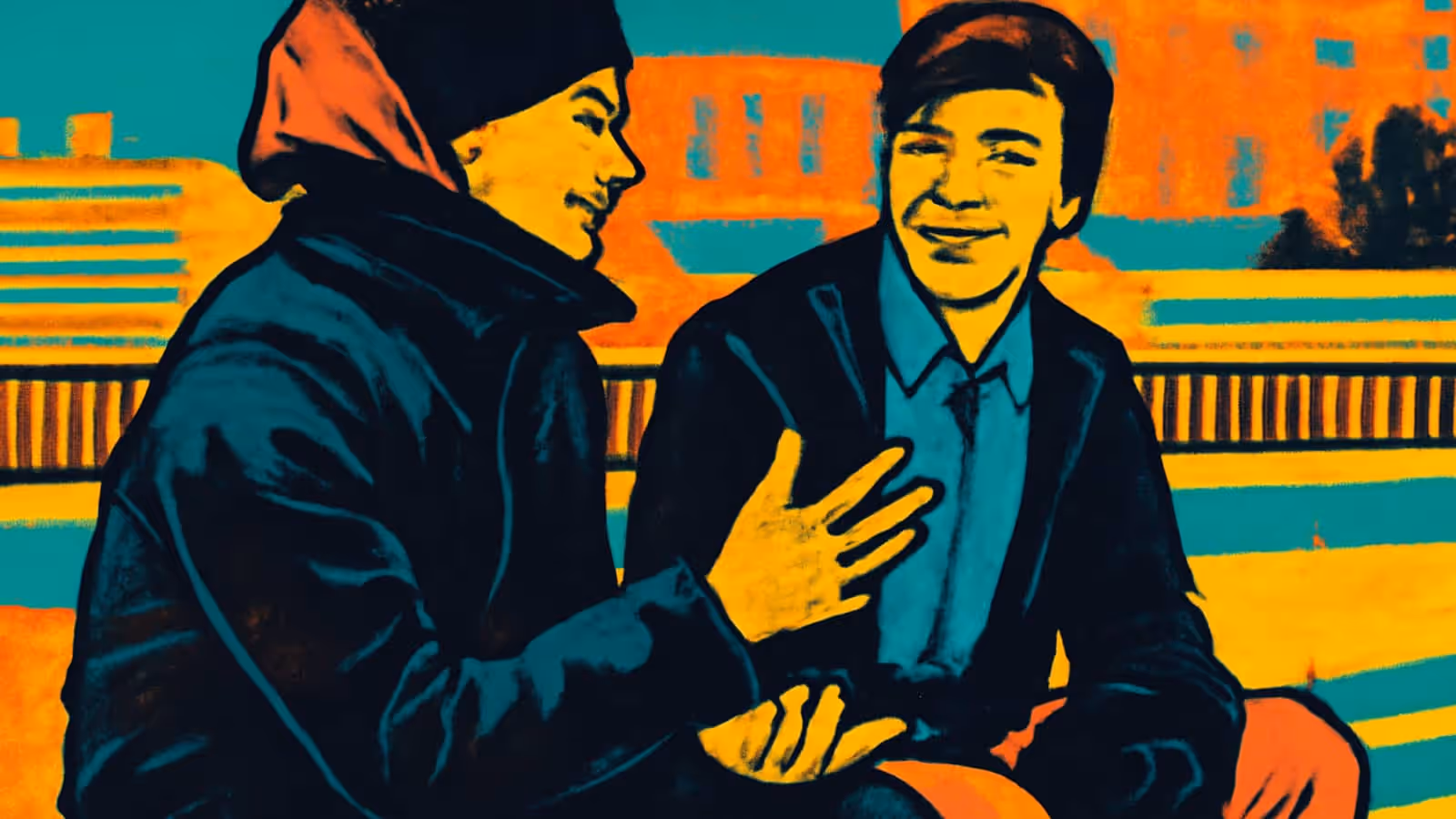 Pop-art illustration of two people sitting together outdoors on a bench, one turned towards the other mid-conversation, with railings and buildings behind.