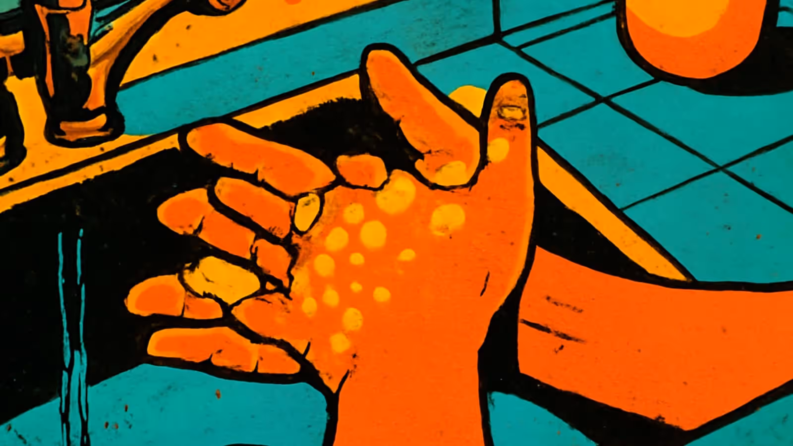 Pop-art illustration in orange and teal of two hands being lathered with soap under a running tap at a tiled sink.