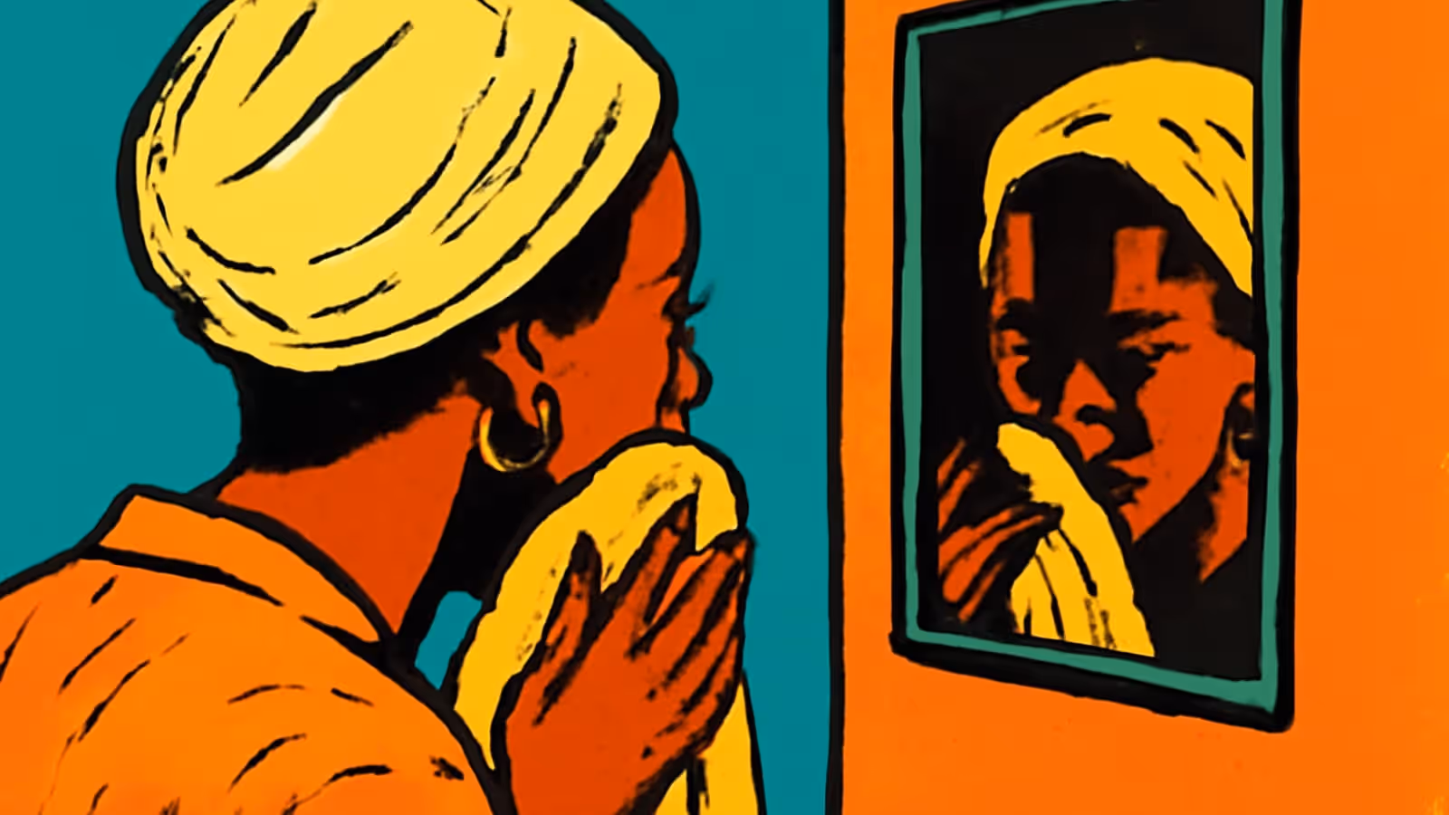 A flat illustration of a person with a towel wrapped round their hair holding a cloth to their face, looking at their own reflection in a wall mirror.
