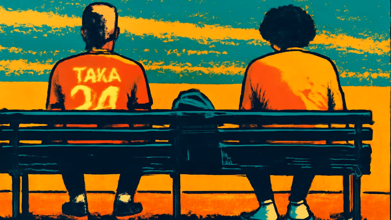 Pop-art illustration of two people sitting at opposite ends of a park bench seen from behind, with a bag on the seat between them.