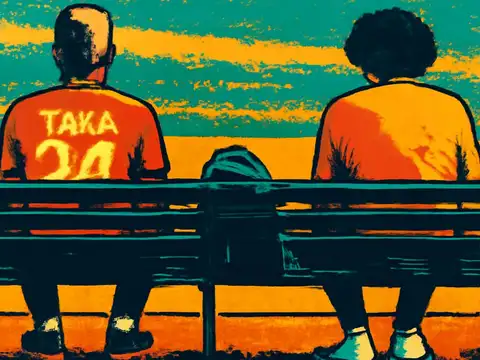 Pop-art illustration of two people sitting at opposite ends of a park bench seen from behind, with a bag on the seat between them.