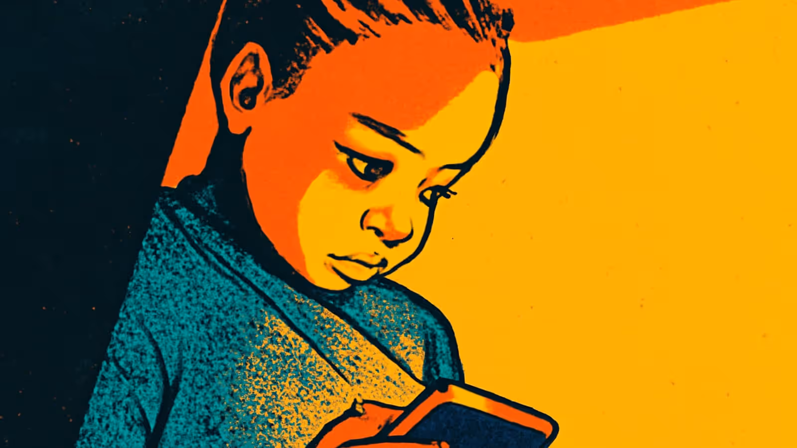 Pop-art illustration of a young person in a collared top looking down at a phone held in front of them.