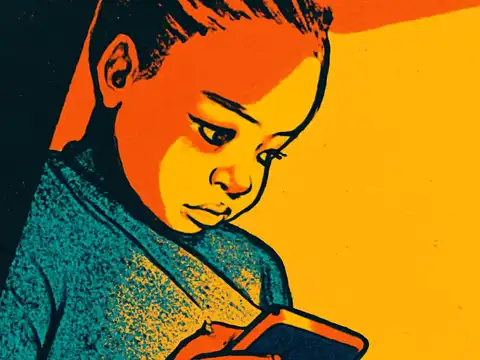 Pop-art illustration of a young person in a collared top looking down at a phone held in front of them.