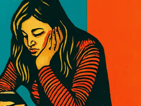 Pop-art illustration of a woman resting her chin on one hand and looking down at a phone she is holding, against a split teal and orange background.