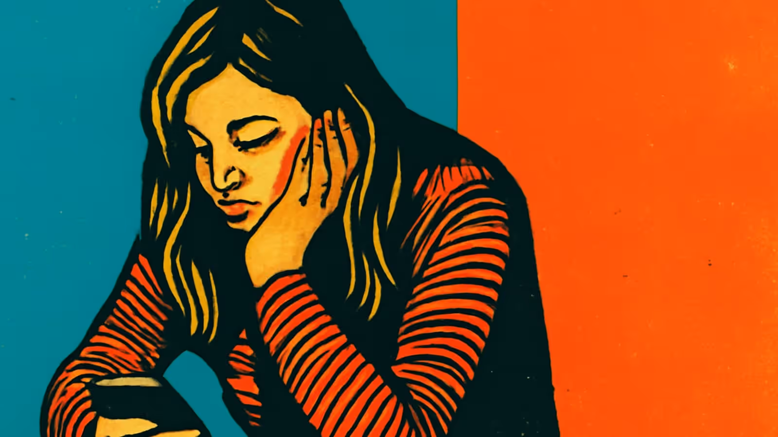 Pop-art illustration of a woman resting her chin on one hand and looking down at a phone she is holding, against a split teal and orange background.