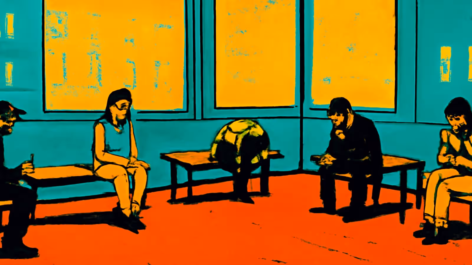 Flat pop-art illustration in teal, orange and yellow. Five people sit spaced apart on benches around the edge of a bare room with tall windows, none of them facing each other.