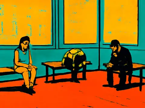 Flat pop-art illustration in teal, orange and yellow. Five people sit spaced apart on benches around the edge of a bare room with tall windows, none of them facing each other.