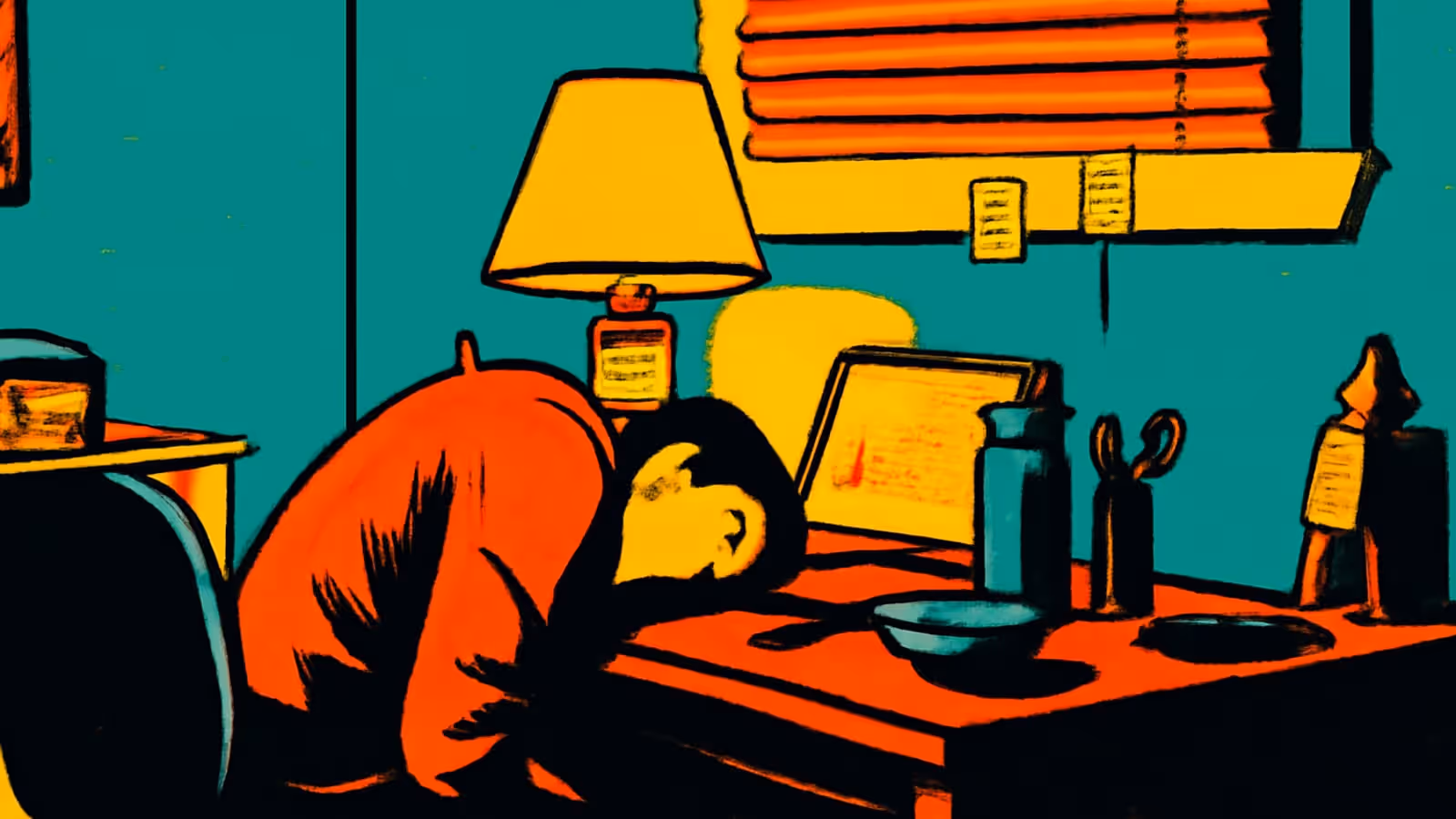 A person slumped forward with their head resting on a desk beside a lit lamp and an open laptop, a window blind behind them, rendered as a flat teal, orange and yellow illustration.