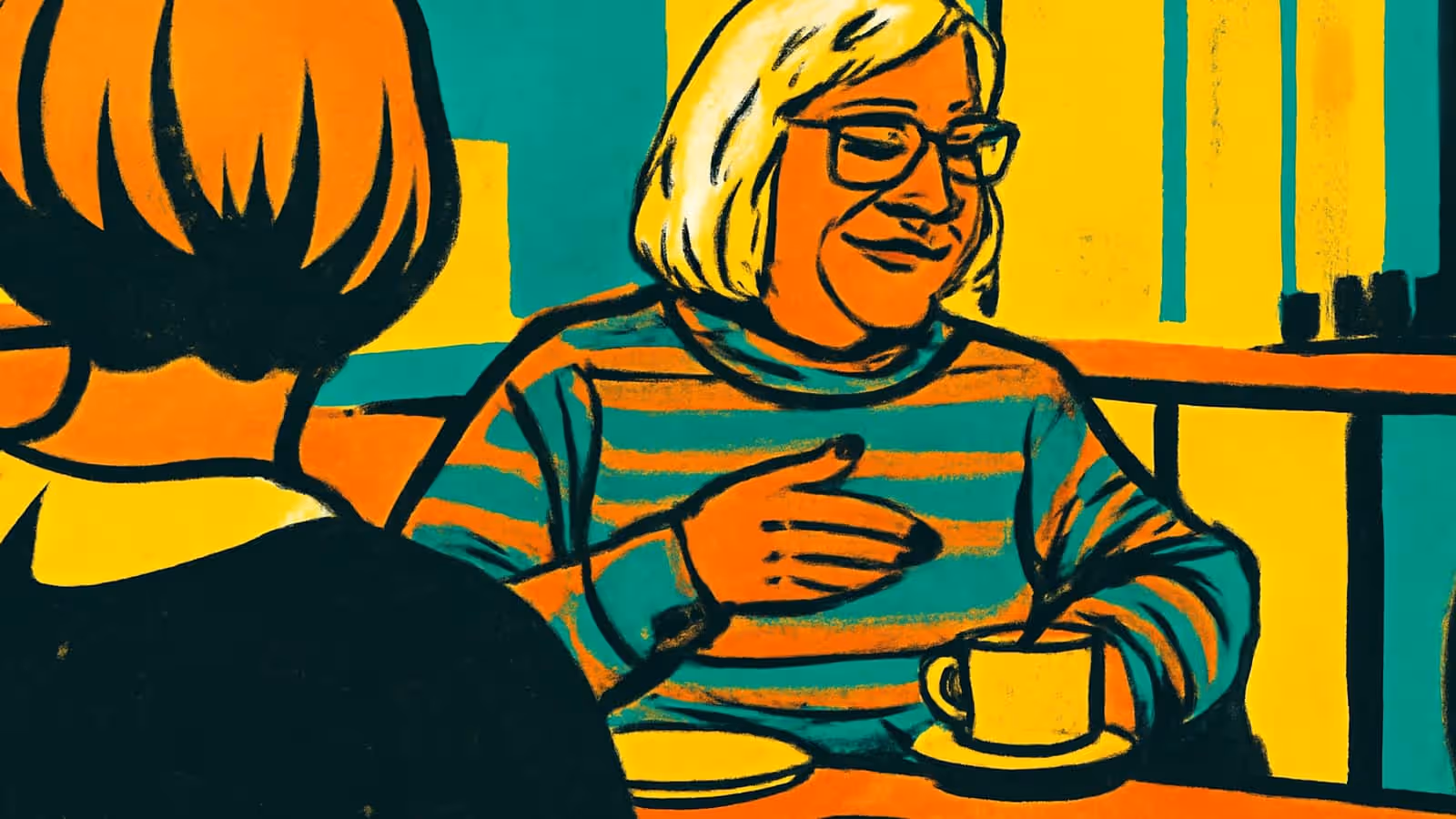 Pop-art illustration of an older woman in a striped jumper talking across a table to another person, a cup and saucer in front of her.