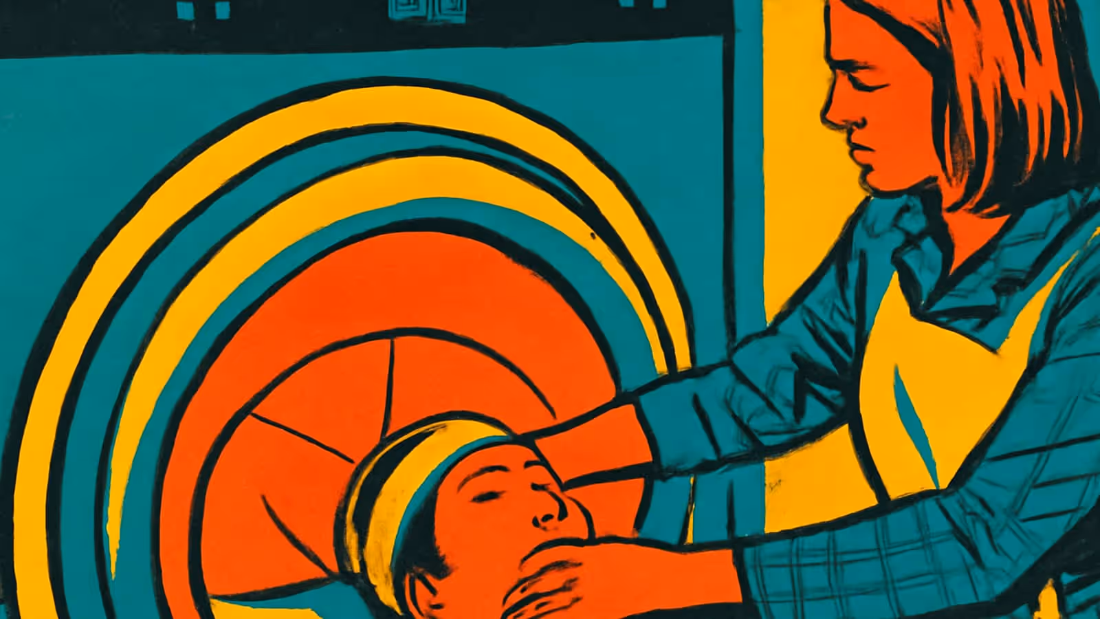 A person lying with their head at the opening of a scanner while a second person in a checked shirt steadies them, rendered as a flat orange, yellow and teal illustration.