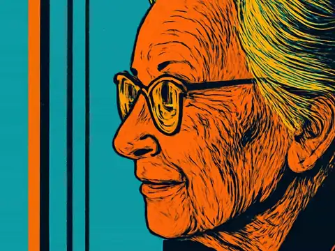 Pop-art illustration of an older person in profile wearing glasses, against a striped background.
