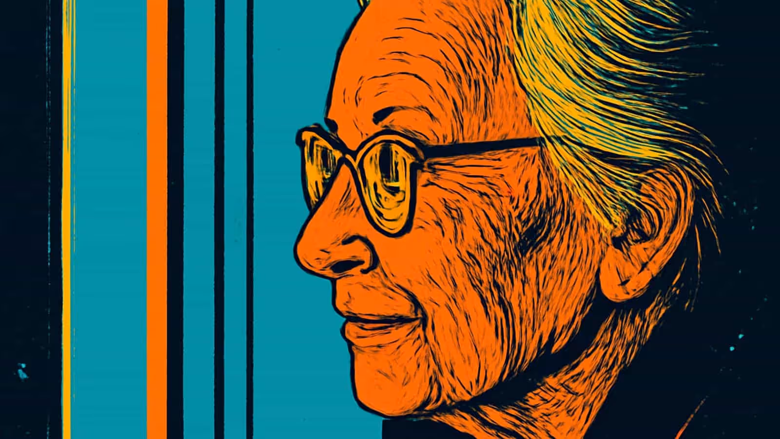 Pop-art illustration of an older person in profile wearing glasses, against a striped background.