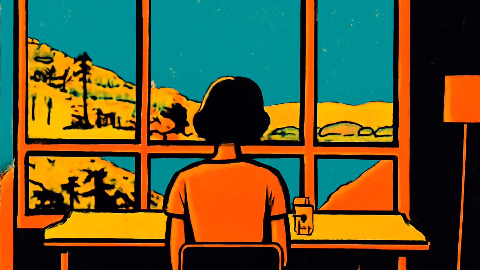Illustration pop-art d'une femme assise seule à côté d'une fenêtre.