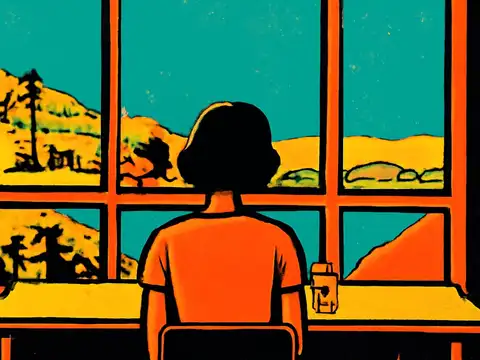 Pop-art illustration of a woman sitting alone beside a window.