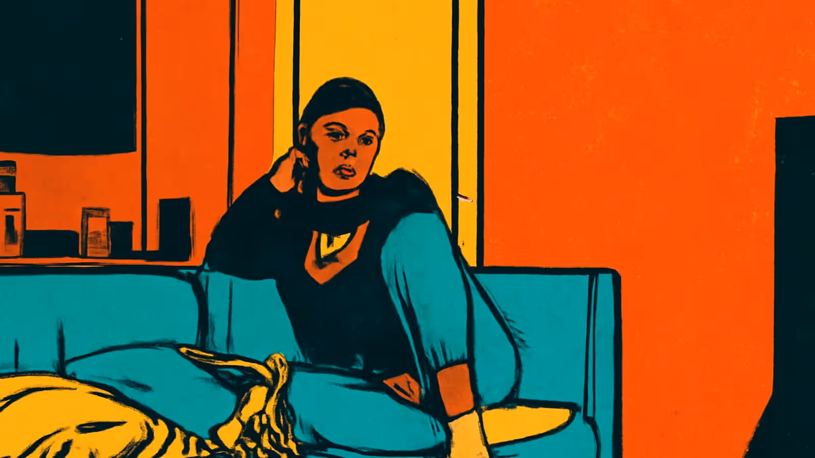 Pop-art illustration of a person sitting on a sofa with knees drawn up and one hand behind their head, looking out toward the viewer.
