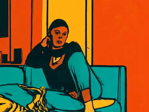 Pop-art illustration of a person sitting on a sofa with knees drawn up and one hand behind their head, looking out toward the viewer.