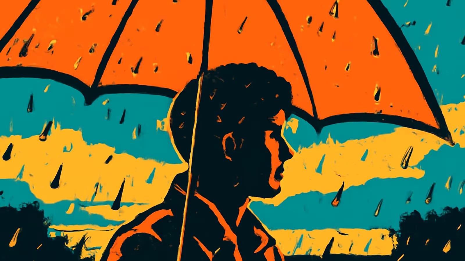 Pop-art illustration of a person in profile under an umbrella in the rain, looking ahead with a flat expression.