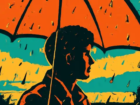 Pop-art illustration of a person in profile under an umbrella in the rain, looking ahead with a flat expression.