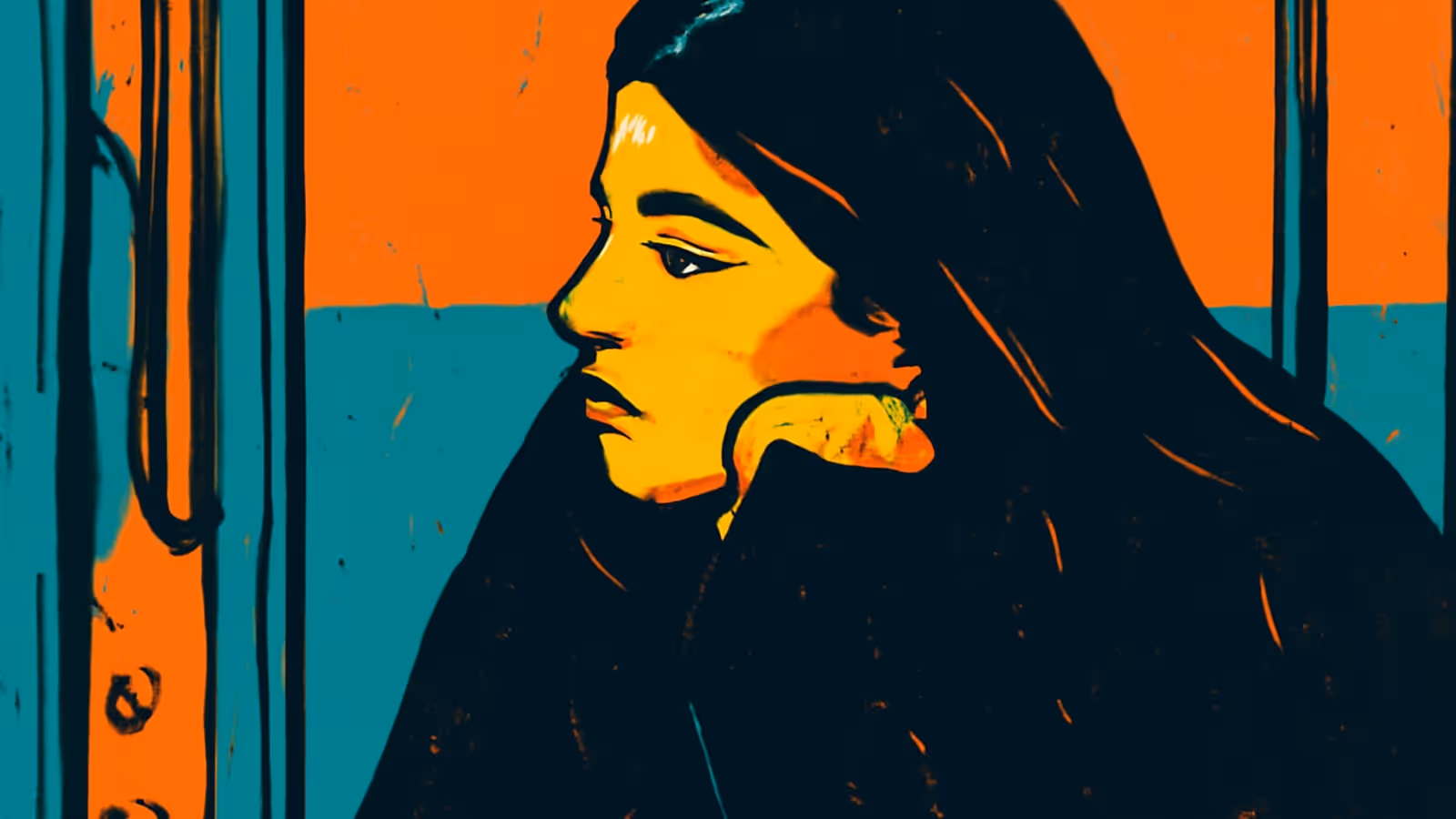Pop-art illustration of a woman in a dark coat resting her chin on her hand, seen through a window frame with her reflection beside her.