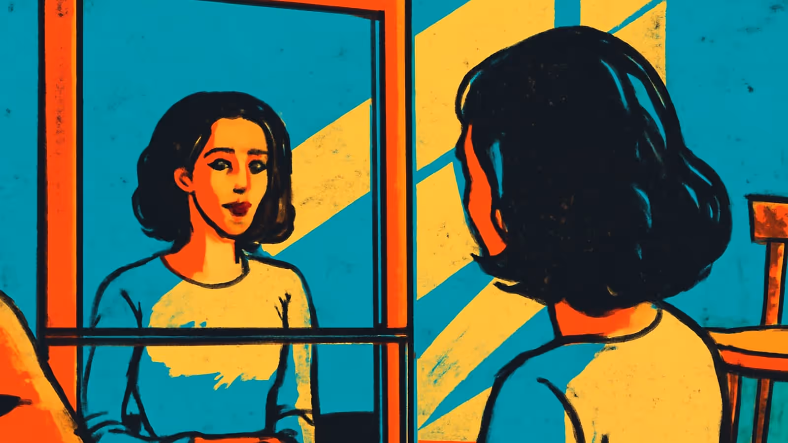 Pop-art illustration of a woman with dark wavy hair seen from behind, facing a mirror in which her reflection looks back out at the viewer, rendered in flat teal, orange and yellow.