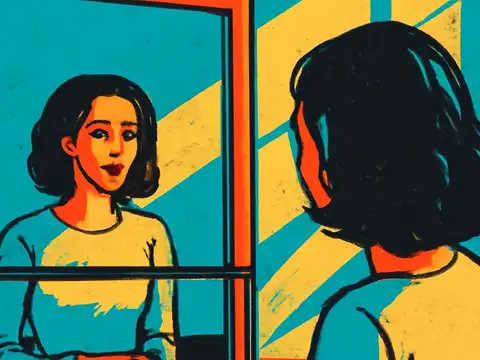 Pop-art illustration of a woman with dark wavy hair seen from behind, facing a mirror in which her reflection looks back out at the viewer, rendered in flat teal, orange and yellow.