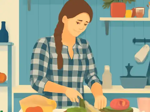 Flat vector illustration of a woman with a long brown plait in a blue and white checked shirt, looking down as she chops food on a kitchen counter, with shelves and bottles on a blue wall behind her.