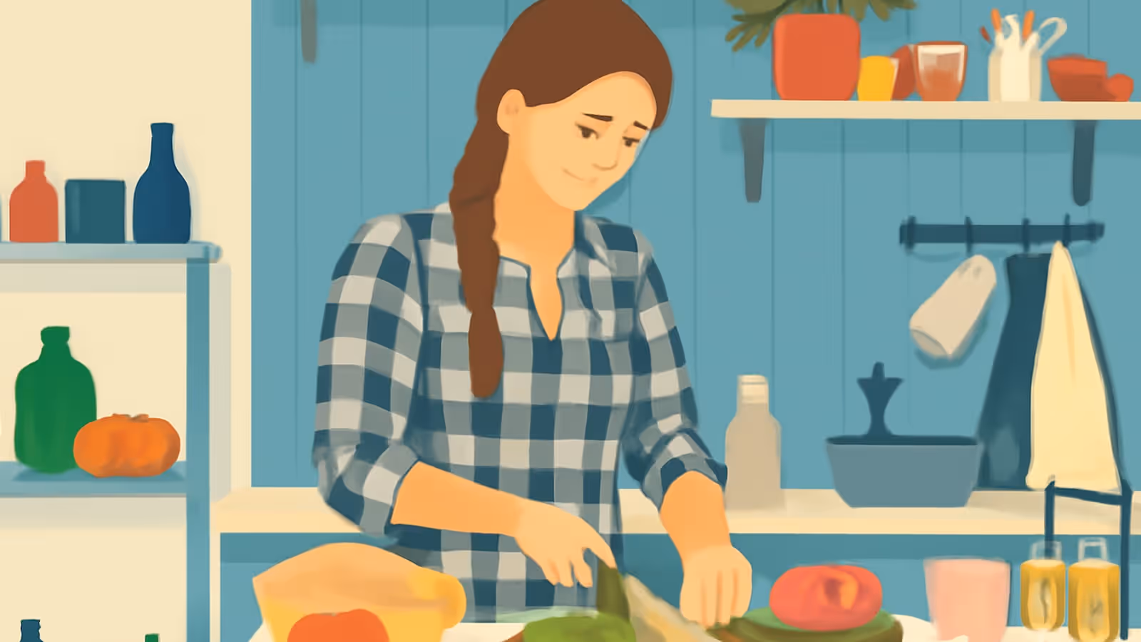 Ilustración vectorial plana de una mujer con una trenza larga de color castaño, vestida con una camisa a cuadros azul y blanca, mirando hacia abajo mientras corta alimentos en una encimera de cocina, con estantes y botellas en una pared azul detrás de ella.