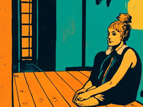 A flat illustration of a person sitting on the floor of a bare room with their knees drawn up and arms wrapped around them, looking towards an open doorway.