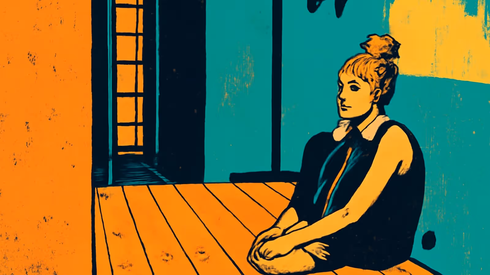 A flat illustration of a person sitting on the floor of a bare room with their knees drawn up and arms wrapped around them, looking towards an open doorway.