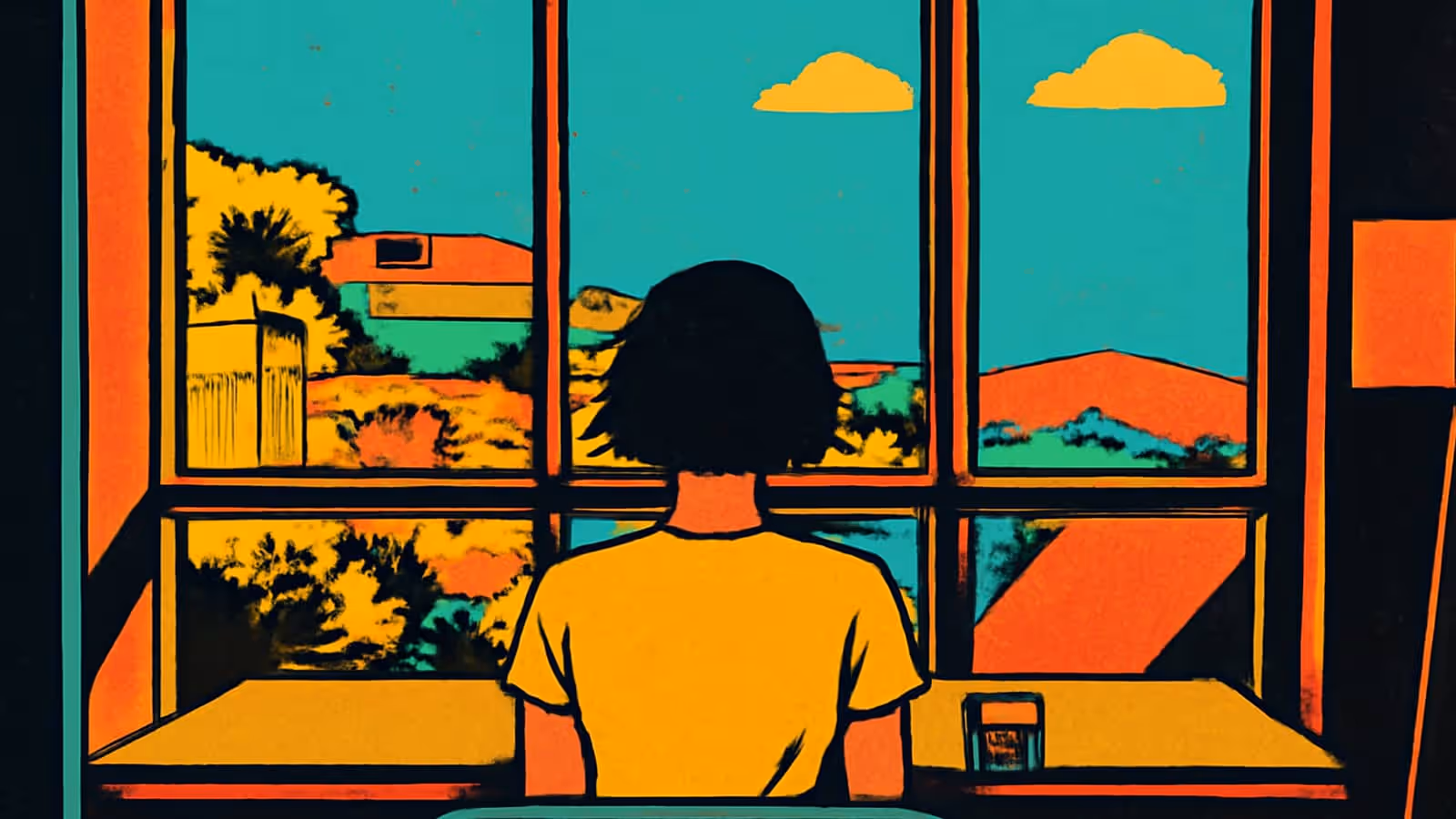 Pop-art illustration seen from behind of a person in a yellow top sitting at a table, facing a large orange-framed window onto a teal sky with yellow clouds.