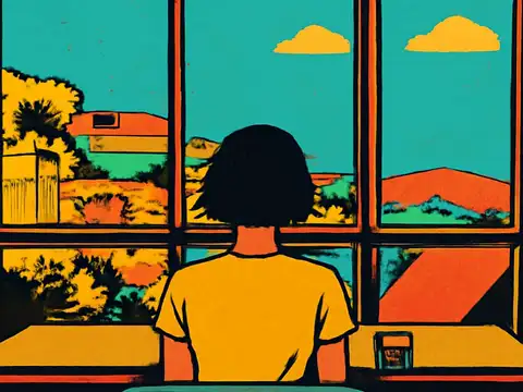 Pop-art illustration seen from behind of a person in a yellow top sitting at a table, facing a large orange-framed window onto a teal sky with yellow clouds.