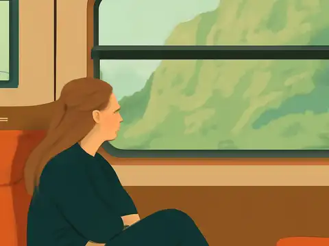 Flat vector illustration of a woman sitting on a train, looking out of the window at a green hillside.