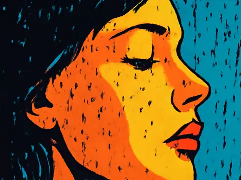 Pop-art illustration of a woman's face in profile with closed eyes and dark hair, with dark rain-like streaks and drops across her cheek and a teal background.