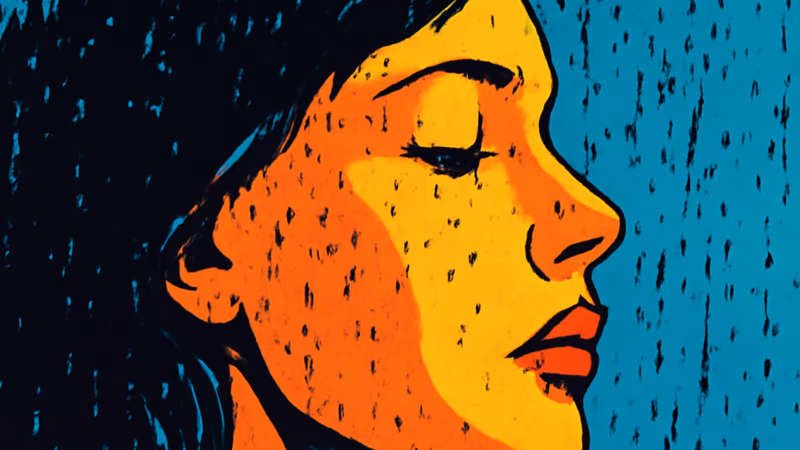 Pop-art illustration of a woman's face in profile with closed eyes and dark hair, with dark rain-like streaks and drops across her cheek and a teal background.