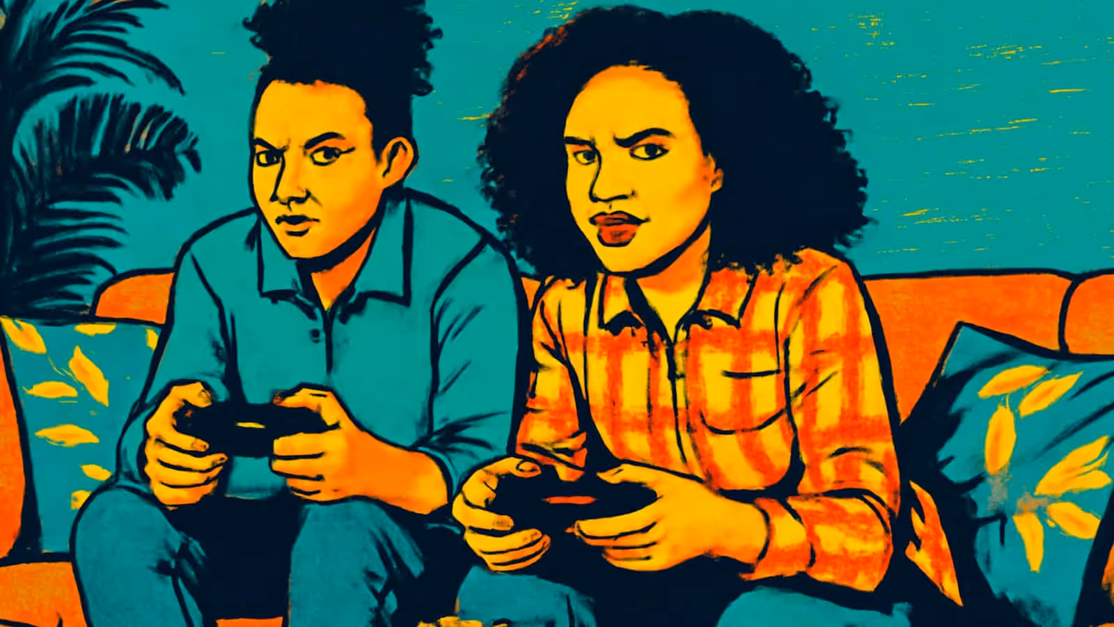 Pop-art illustration of two people sitting side by side on a couch, each holding a game controller.