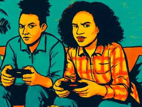 Pop-art illustration of two people sitting side by side on a couch, each holding a game controller.