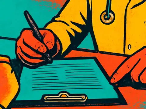 Pop-art illustration of a doctor wearing a stethoscope writing on a clipboard, seen across a desk from a seated patient.