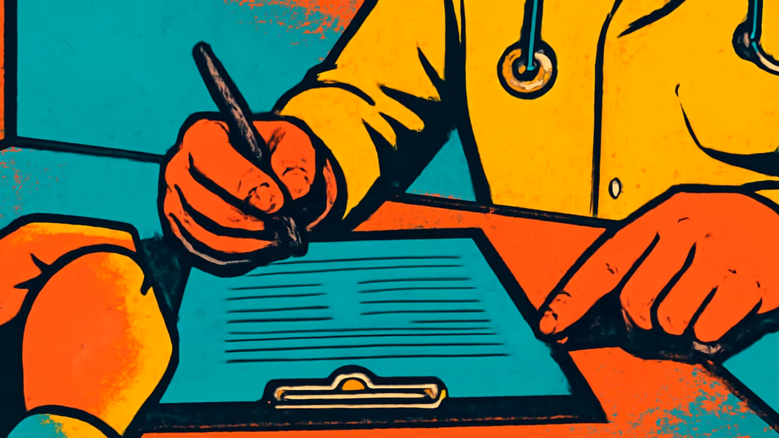 Pop-art illustration of a doctor wearing a stethoscope writing on a clipboard, seen across a desk from a seated patient.
