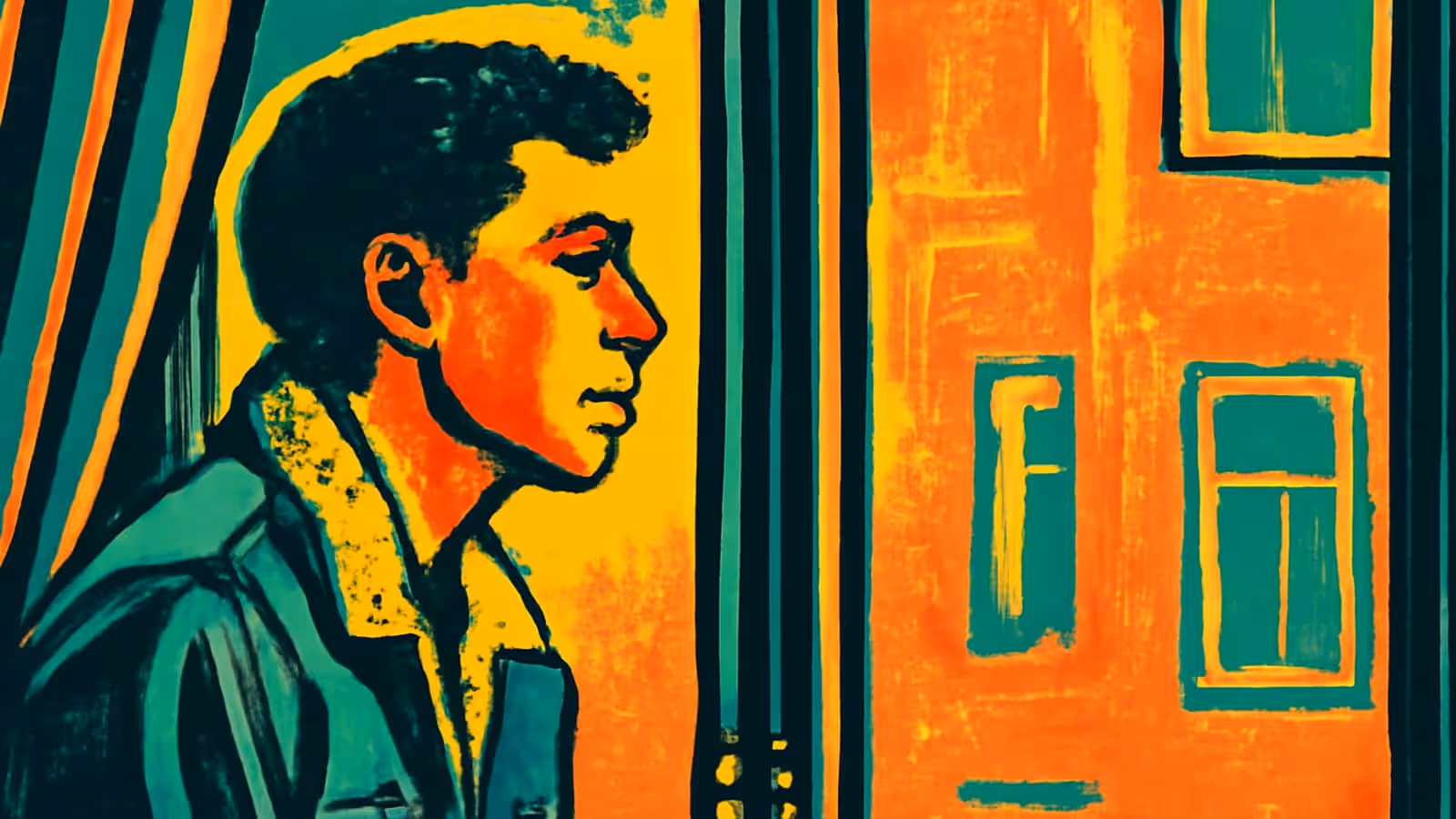 Pop-art illustration of a young man in profile, standing at a window, looking out pensively at the buildings across the street.