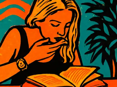 Pop-art illustration of a person reading an open book at a table, hand resting against their mouth, beside a large plant.