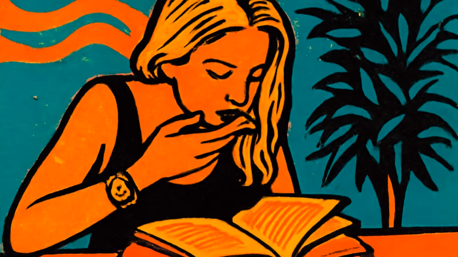 Pop-art illustration of a person reading an open book at a table, hand resting against their mouth, beside a large plant.